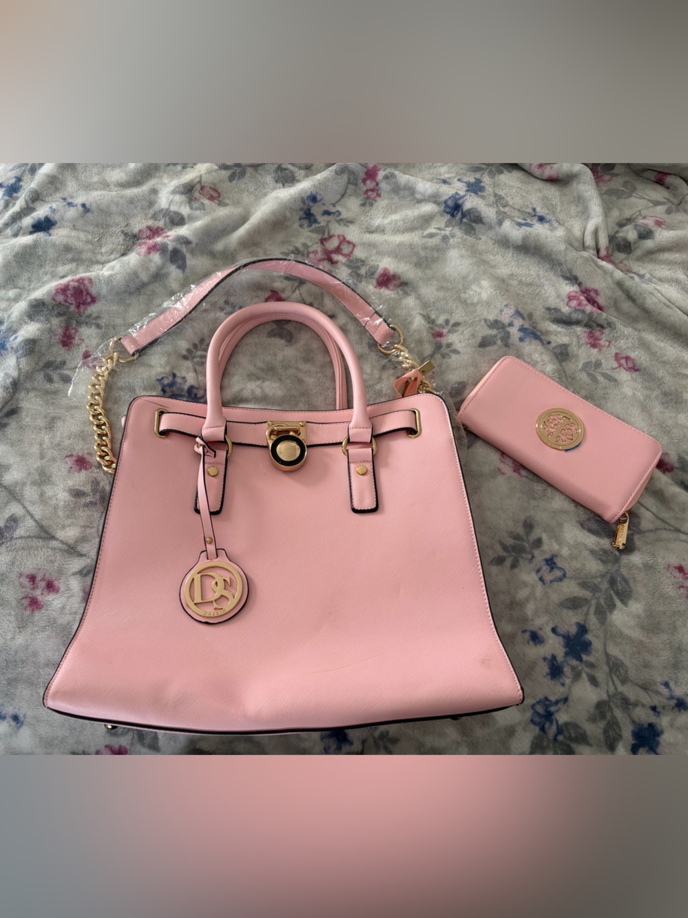 Pink Top-Handle Tote with Matching Wallet - Gold Hardware